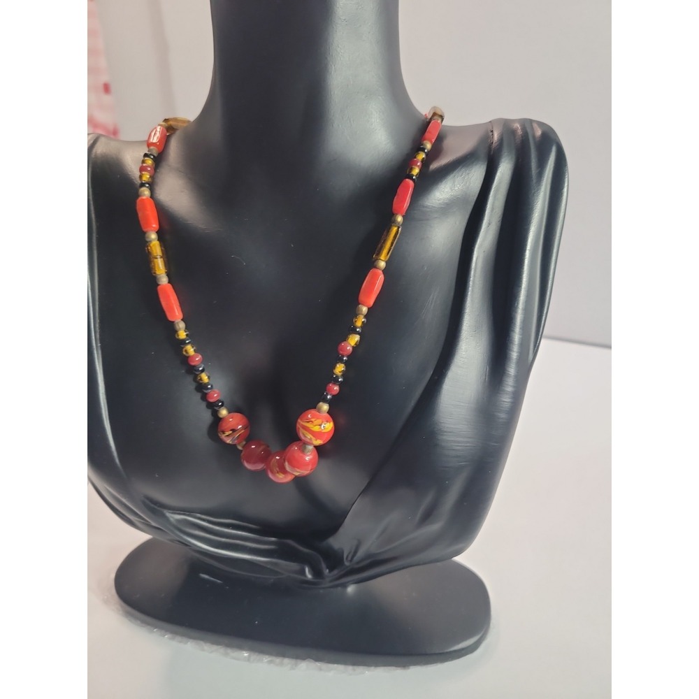 Red Yellow Black Beaded Necklace Floral Round Beads Vintage Style - Picture 4 of 11